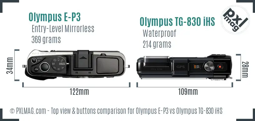 Olympus E-P3 vs Olympus TG-830 iHS top view buttons comparison