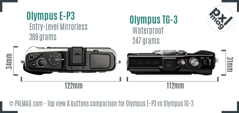 Olympus E-P3 vs Olympus TG-3 top view buttons comparison