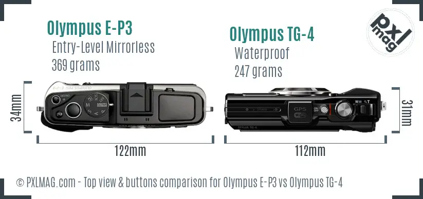 Olympus E-P3 vs Olympus TG-4 top view buttons comparison