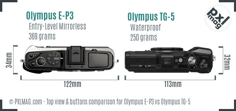 Olympus E-P3 vs Olympus TG-5 top view buttons comparison