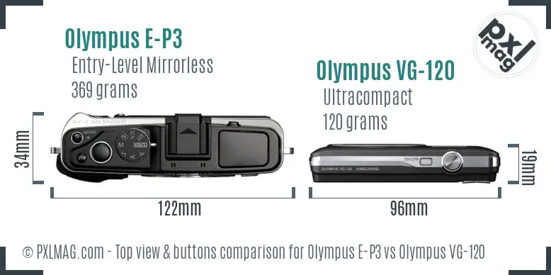 Olympus E-P3 vs Olympus VG-120 top view buttons comparison