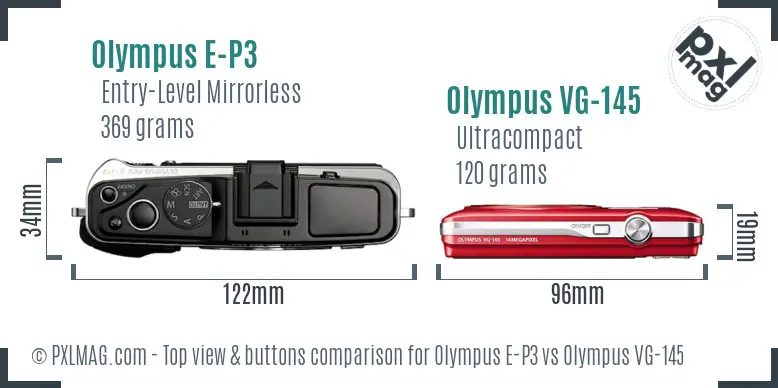 Olympus E-P3 vs Olympus VG-145 top view buttons comparison