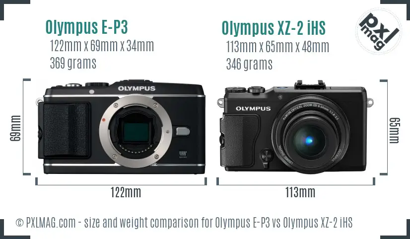 Olympus E-P3 vs Olympus XZ-2 iHS size comparison