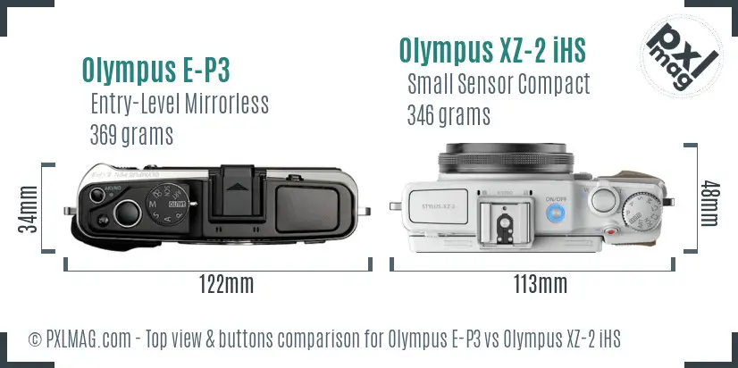 Olympus E-P3 vs Olympus XZ-2 iHS top view buttons comparison