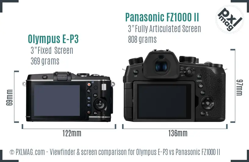 Olympus E-P3 vs Panasonic FZ1000 II Screen and Viewfinder comparison