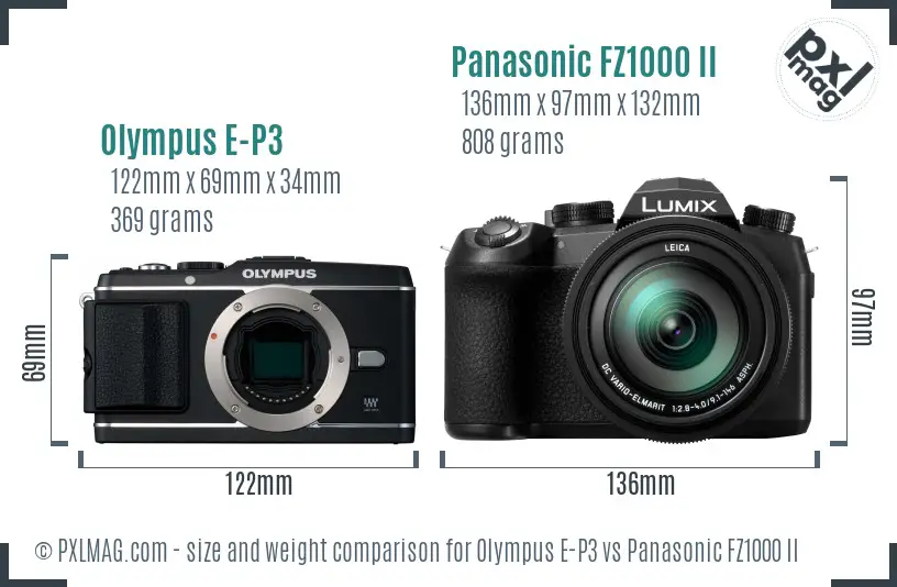 Olympus E-P3 vs Panasonic FZ1000 II size comparison
