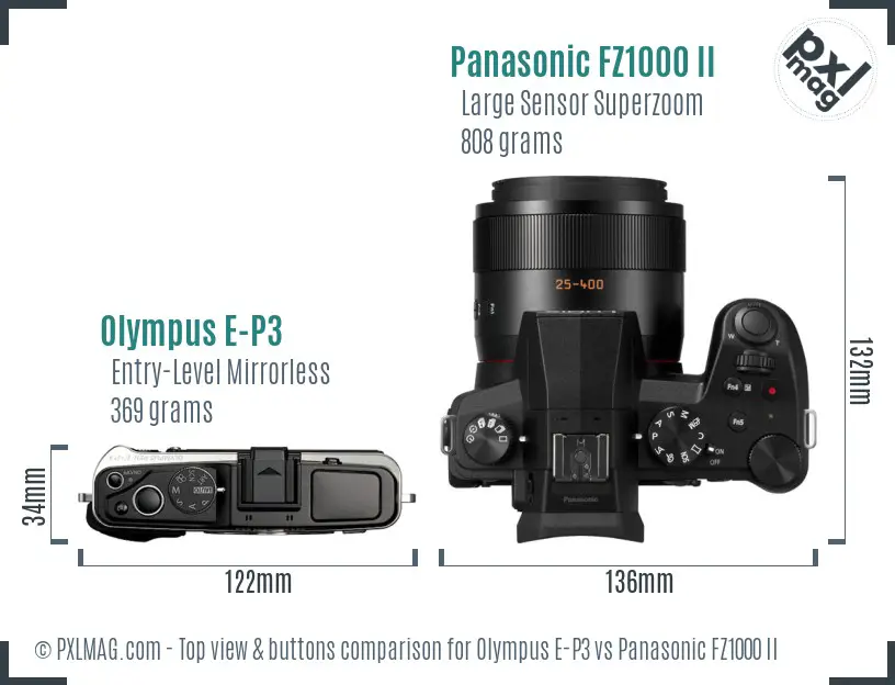 Olympus E-P3 vs Panasonic FZ1000 II top view buttons comparison