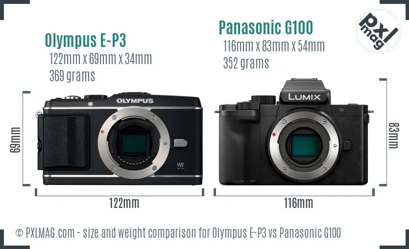 Olympus E-P3 vs Panasonic G100 size comparison