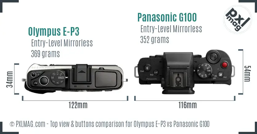 Olympus E-P3 vs Panasonic G100 top view buttons comparison