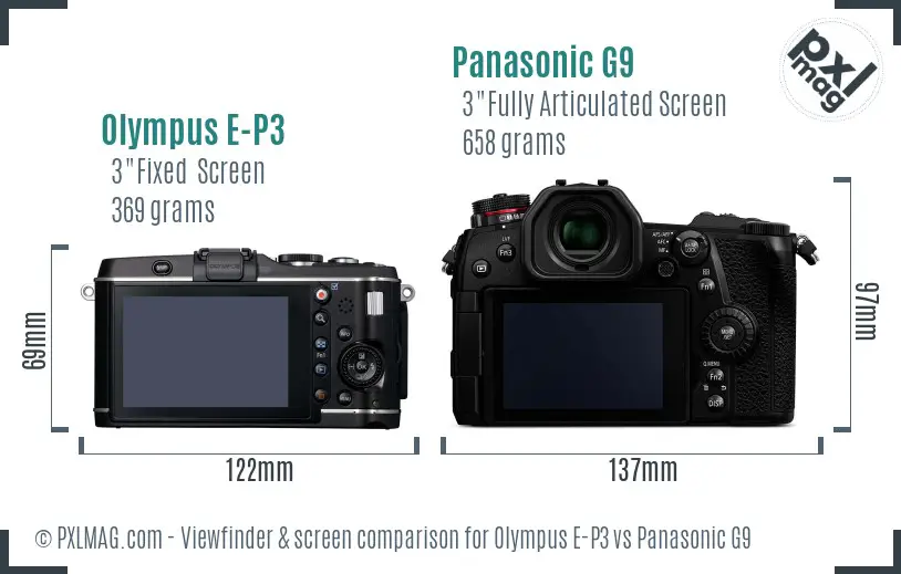 Olympus E-P3 vs Panasonic G9 Screen and Viewfinder comparison
