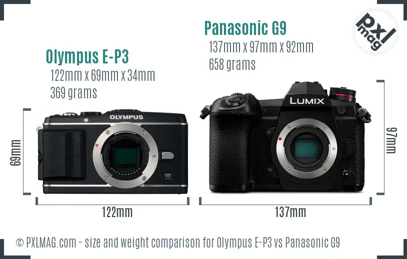 Olympus E-P3 vs Panasonic G9 size comparison