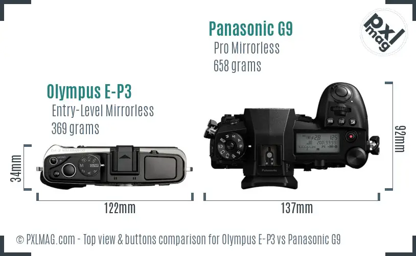 Olympus E-P3 vs Panasonic G9 top view buttons comparison