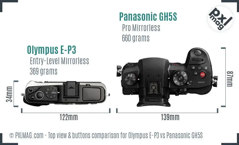 Olympus E-P3 vs Panasonic GH5S top view buttons comparison