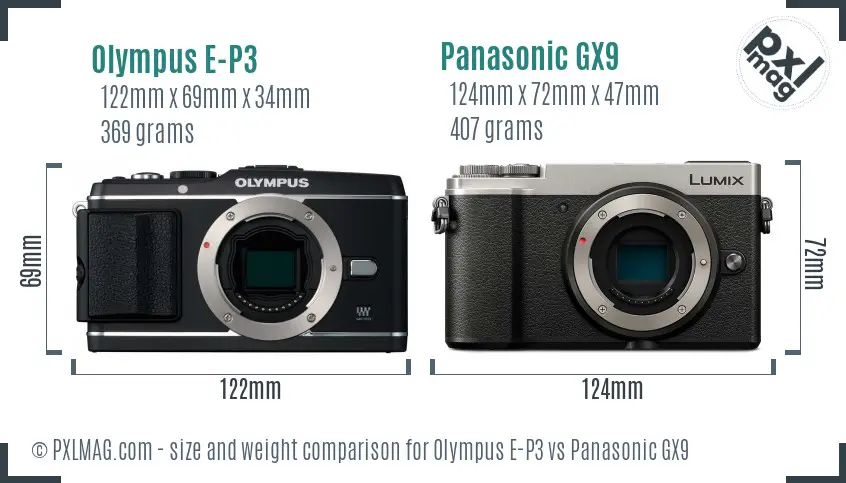 Olympus E-P3 vs Panasonic GX9 size comparison