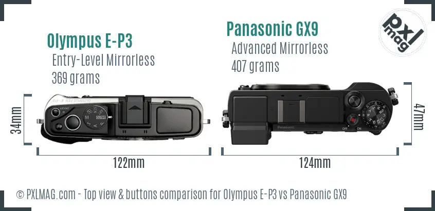 Olympus E-P3 vs Panasonic GX9 top view buttons comparison
