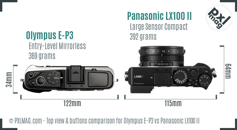 Olympus E-P3 vs Panasonic LX100 II top view buttons comparison