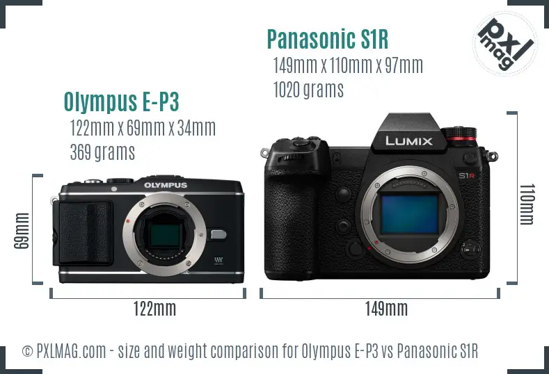 Olympus E-P3 vs Panasonic S1R size comparison