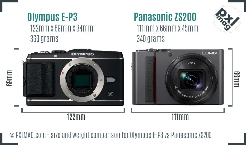 Olympus E-P3 vs Panasonic ZS200 size comparison