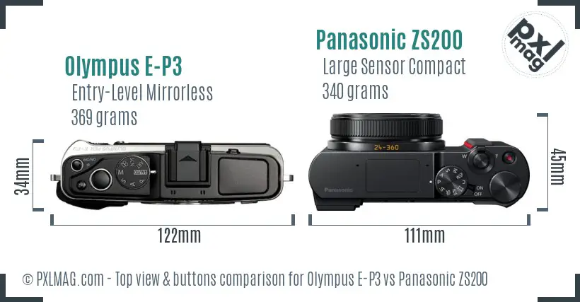 Olympus E-P3 vs Panasonic ZS200 top view buttons comparison