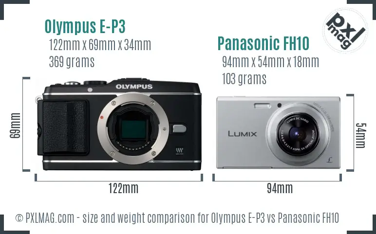 Olympus E-P3 vs Panasonic FH10 size comparison