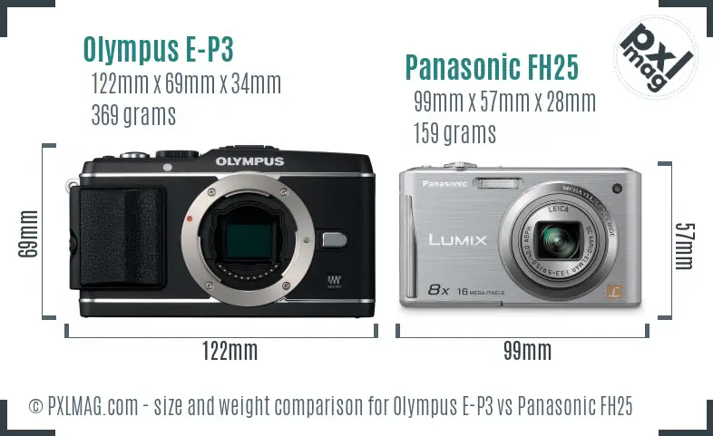Olympus E-P3 vs Panasonic FH25 size comparison