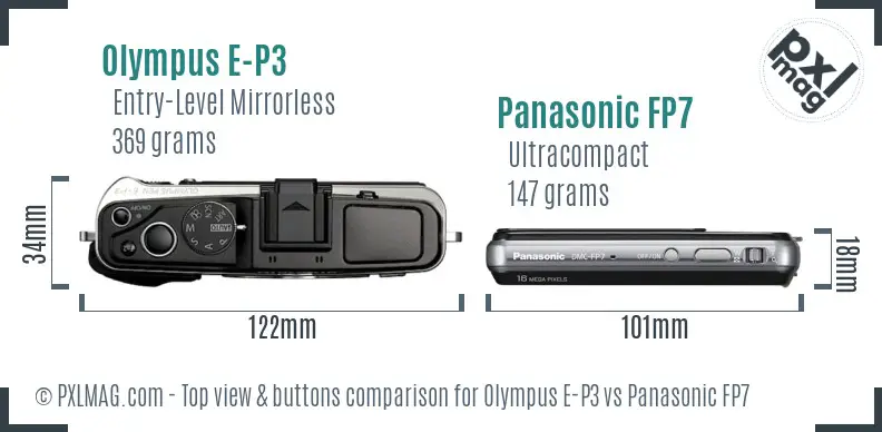 Olympus E-P3 vs Panasonic FP7 top view buttons comparison