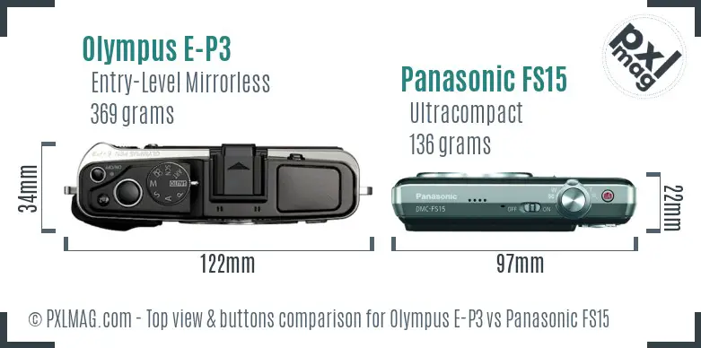 Olympus E-P3 vs Panasonic FS15 top view buttons comparison