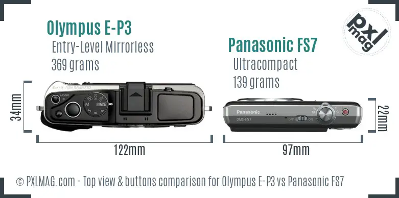 Olympus E-P3 vs Panasonic FS7 top view buttons comparison