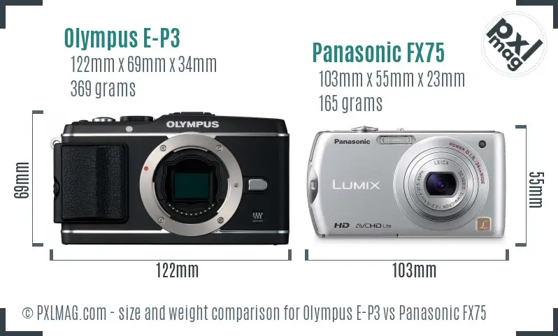 Olympus E-P3 vs Panasonic FX75 size comparison
