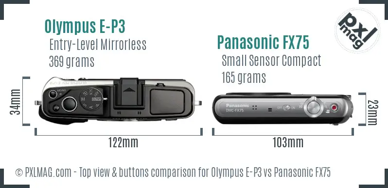 Olympus E-P3 vs Panasonic FX75 top view buttons comparison