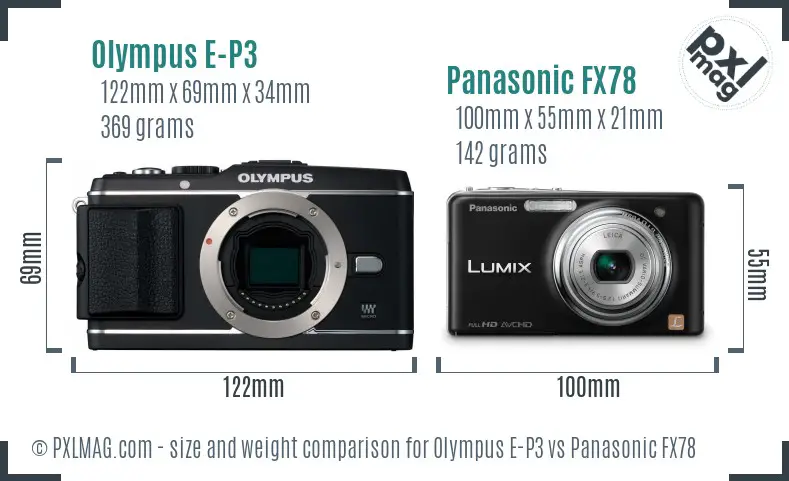 Olympus E-P3 vs Panasonic FX78 size comparison