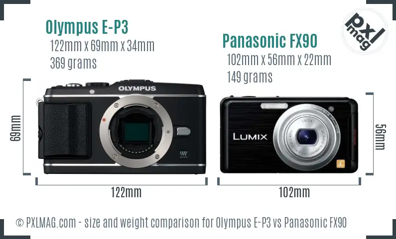 Olympus E-P3 vs Panasonic FX90 size comparison