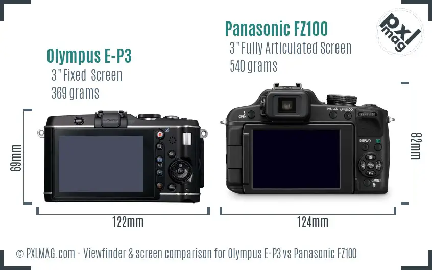 Olympus E-P3 vs Panasonic FZ100 Screen and Viewfinder comparison