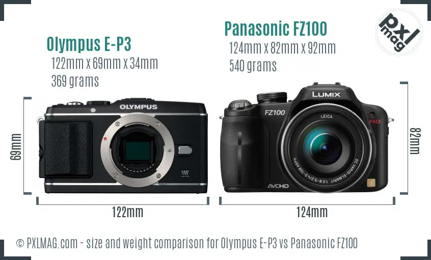 Olympus E-P3 vs Panasonic FZ100 size comparison