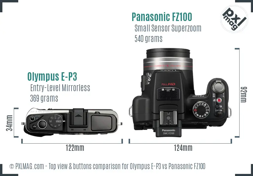 Olympus E-P3 vs Panasonic FZ100 top view buttons comparison