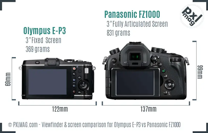 Olympus E-P3 vs Panasonic FZ1000 Screen and Viewfinder comparison