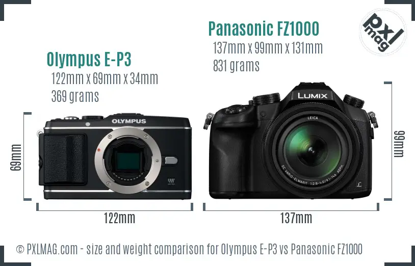Olympus E-P3 vs Panasonic FZ1000 size comparison