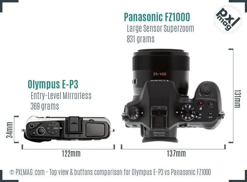 Olympus E-P3 vs Panasonic FZ1000 top view buttons comparison
