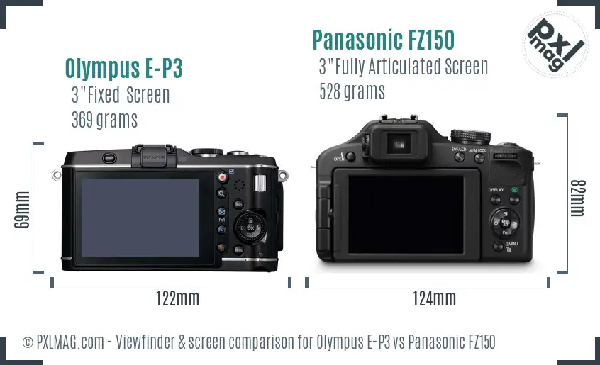 Olympus E-P3 vs Panasonic FZ150 Screen and Viewfinder comparison