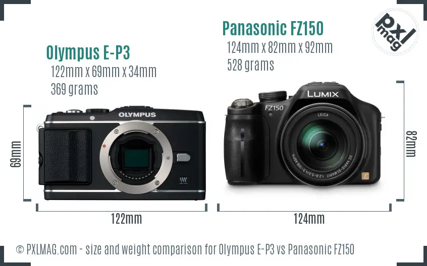 Olympus E-P3 vs Panasonic FZ150 size comparison