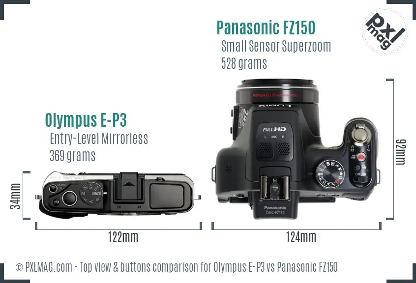 Olympus E-P3 vs Panasonic FZ150 top view buttons comparison
