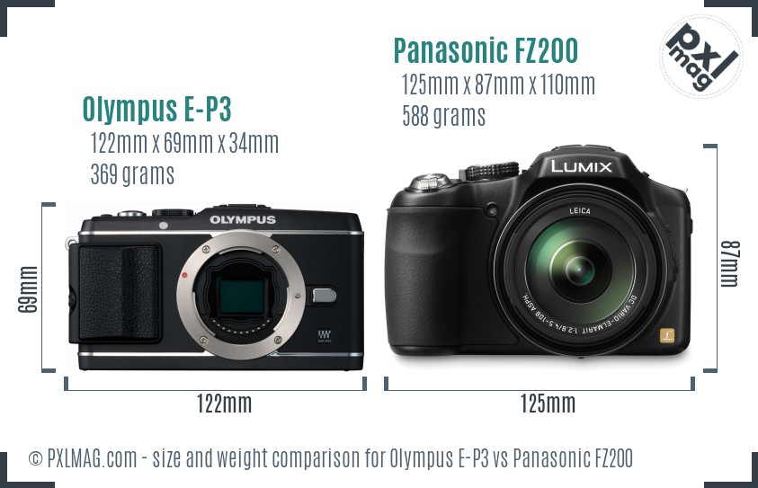 Olympus E-P3 vs Panasonic FZ200 size comparison