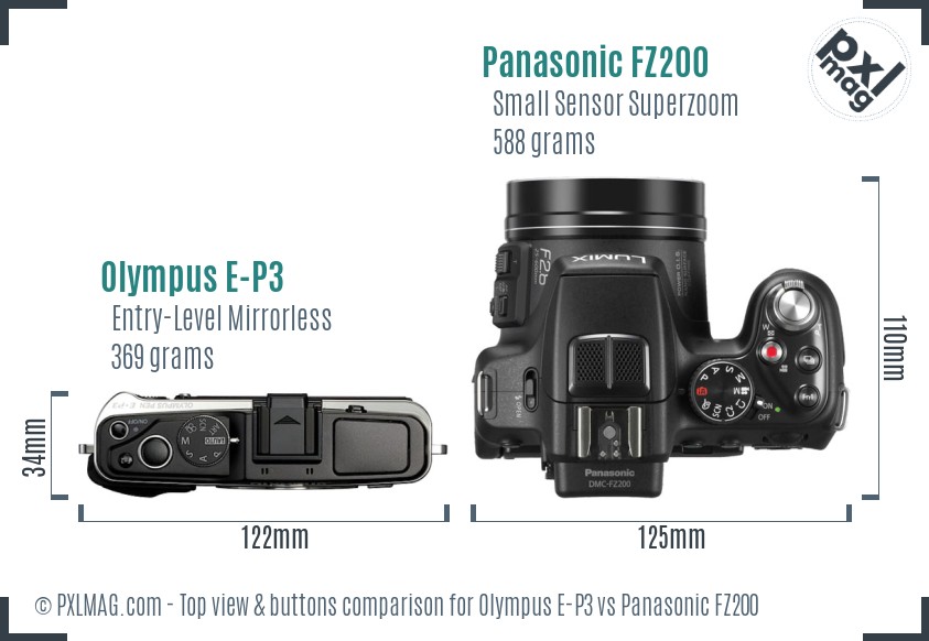 Olympus E-P3 vs Panasonic FZ200 top view buttons comparison