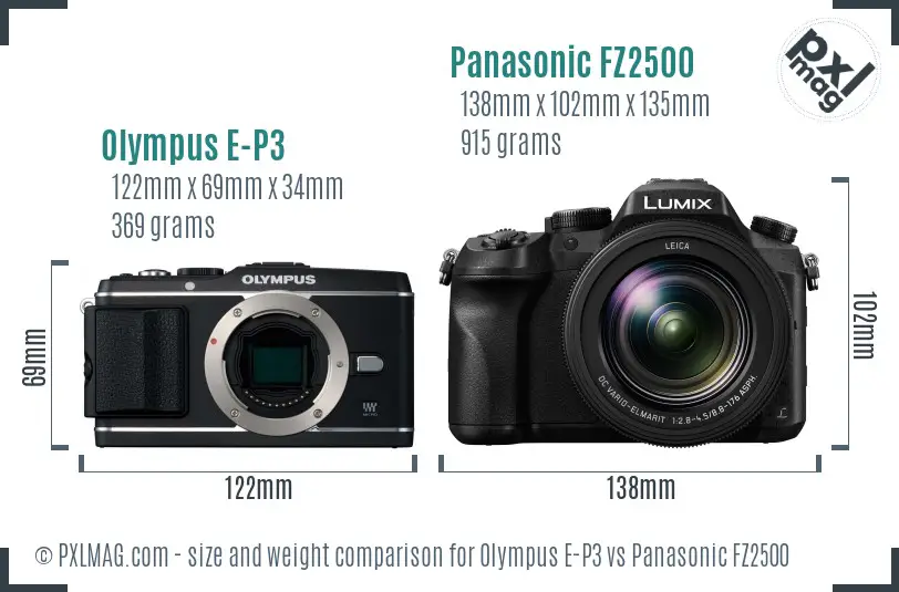 Olympus E-P3 vs Panasonic FZ2500 size comparison