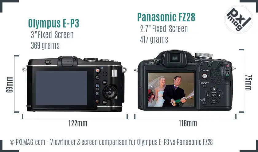 Olympus E-P3 vs Panasonic FZ28 Screen and Viewfinder comparison