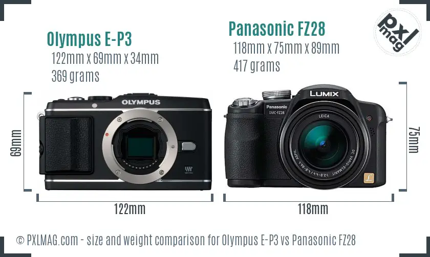 Olympus E-P3 vs Panasonic FZ28 size comparison