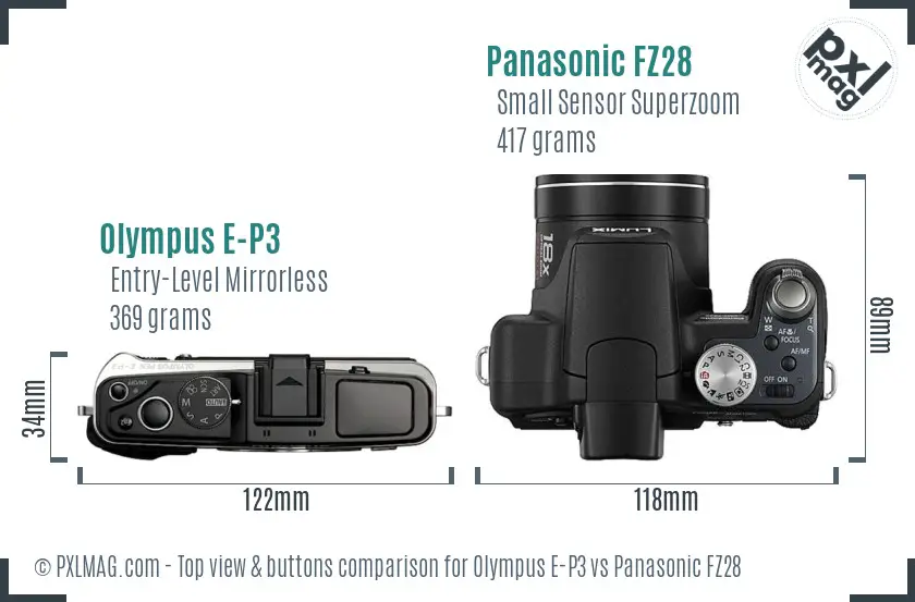 Olympus E-P3 vs Panasonic FZ28 top view buttons comparison