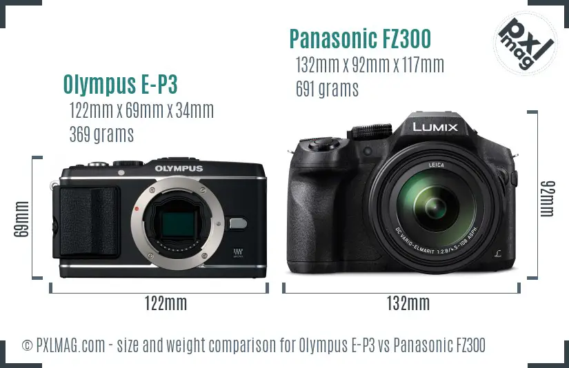 Olympus E-P3 vs Panasonic FZ300 size comparison