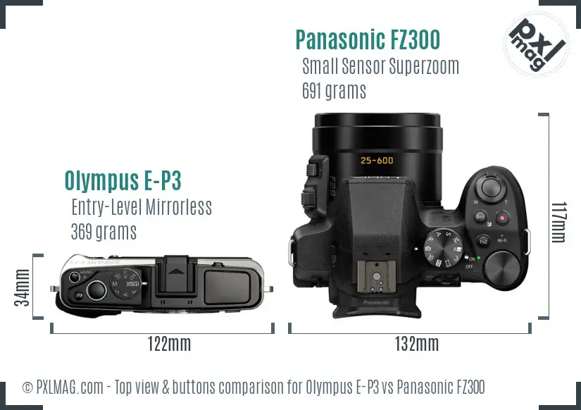 Olympus E-P3 vs Panasonic FZ300 top view buttons comparison
