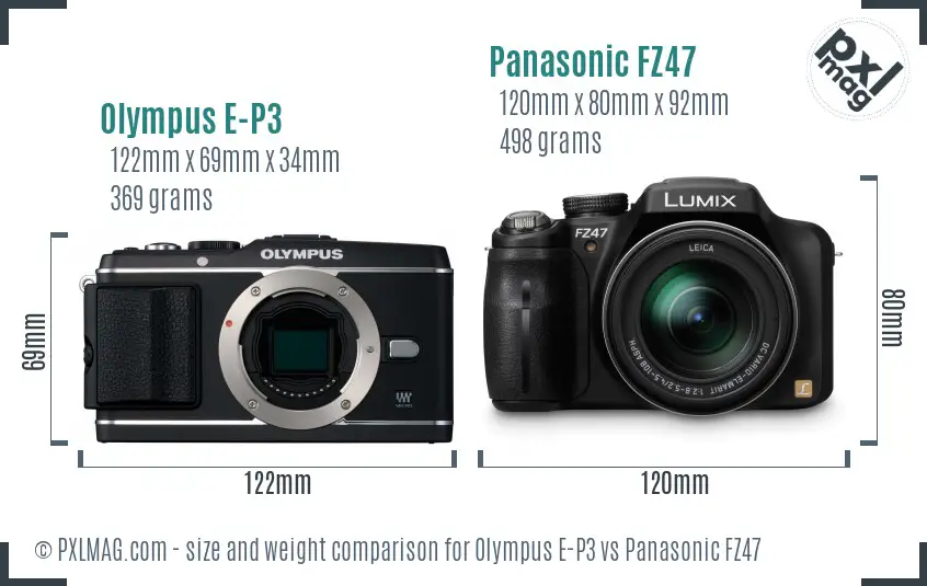 Olympus E-P3 vs Panasonic FZ47 size comparison